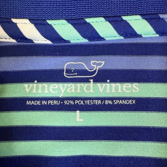 Vineyard Vines Mens L Performance Polo Shirt Striped Golf Whale Logo Blue Green - Picture 4 of 8